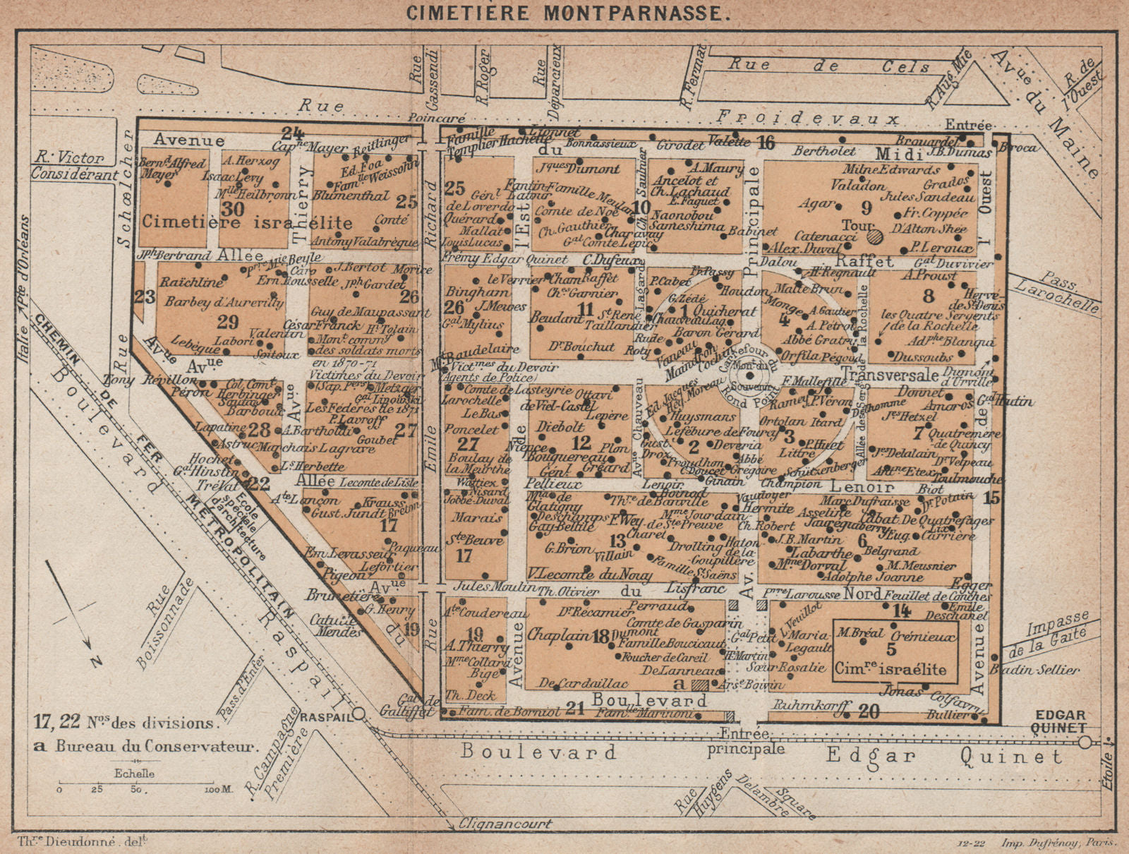 CIMETIÈRE CIMITIERE MONTPARNASSE CEMETERY. Vintage map plan. Paris 1922